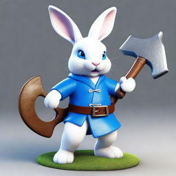 A small white rabbit with bright blue eyes and small ears, brandishing a large, very sharp axe