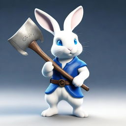 A small white rabbit with bright blue eyes and small ears, brandishing a large, very sharp axe