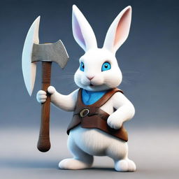 A small white rabbit with bright blue eyes and small ears, brandishing a large, very sharp axe