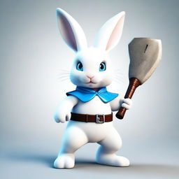 A small white rabbit with bright blue eyes and small ears, brandishing a large, very sharp axe