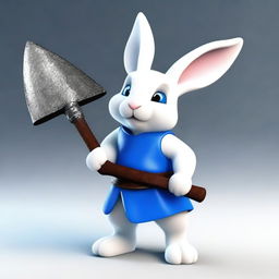 A small white rabbit with bright blue eyes and small ears, brandishing a large, very sharp axe