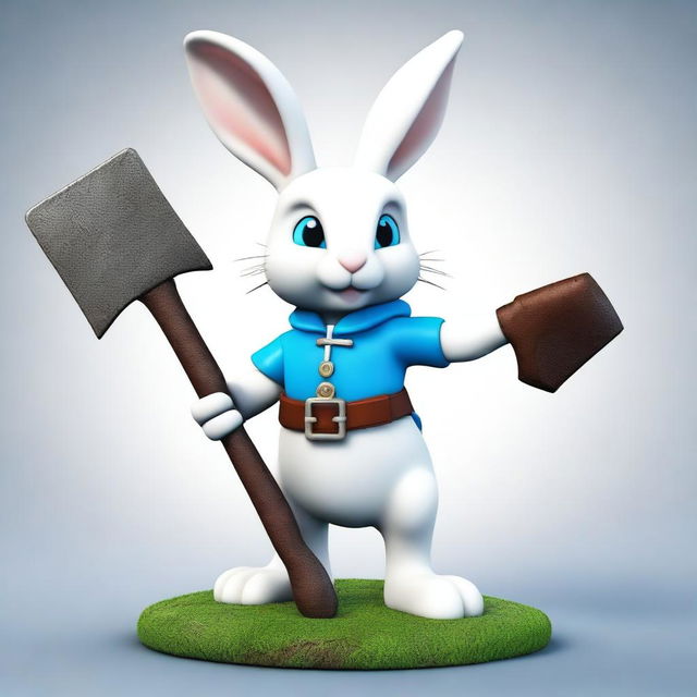 A small white rabbit with bright blue eyes and small ears, brandishing a large, very sharp axe