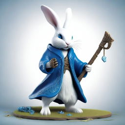 A small white rabbit with bright blue eyes, brandishing the scythe of death