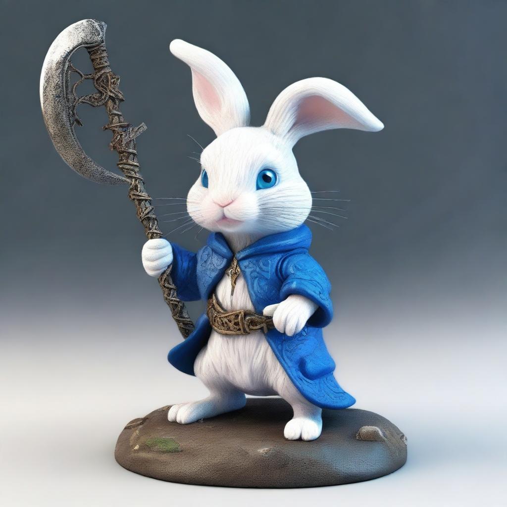 A small white rabbit with bright blue eyes, brandishing the scythe of death