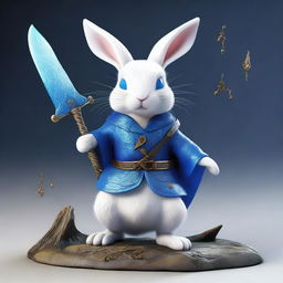 A small white rabbit with bright blue eyes, brandishing the scythe of death