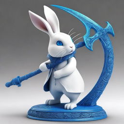 A small white rabbit with bright blue eyes, brandishing the scythe of death