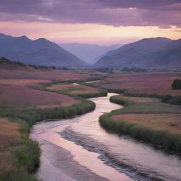 A serene landscape at dusk, a scenic river flowing gently through a valley nestled among rolling hills bathed in the orange glow of the setting sun, with a background of silhouetted mountains and a sky streaked with pink and purple clouds.