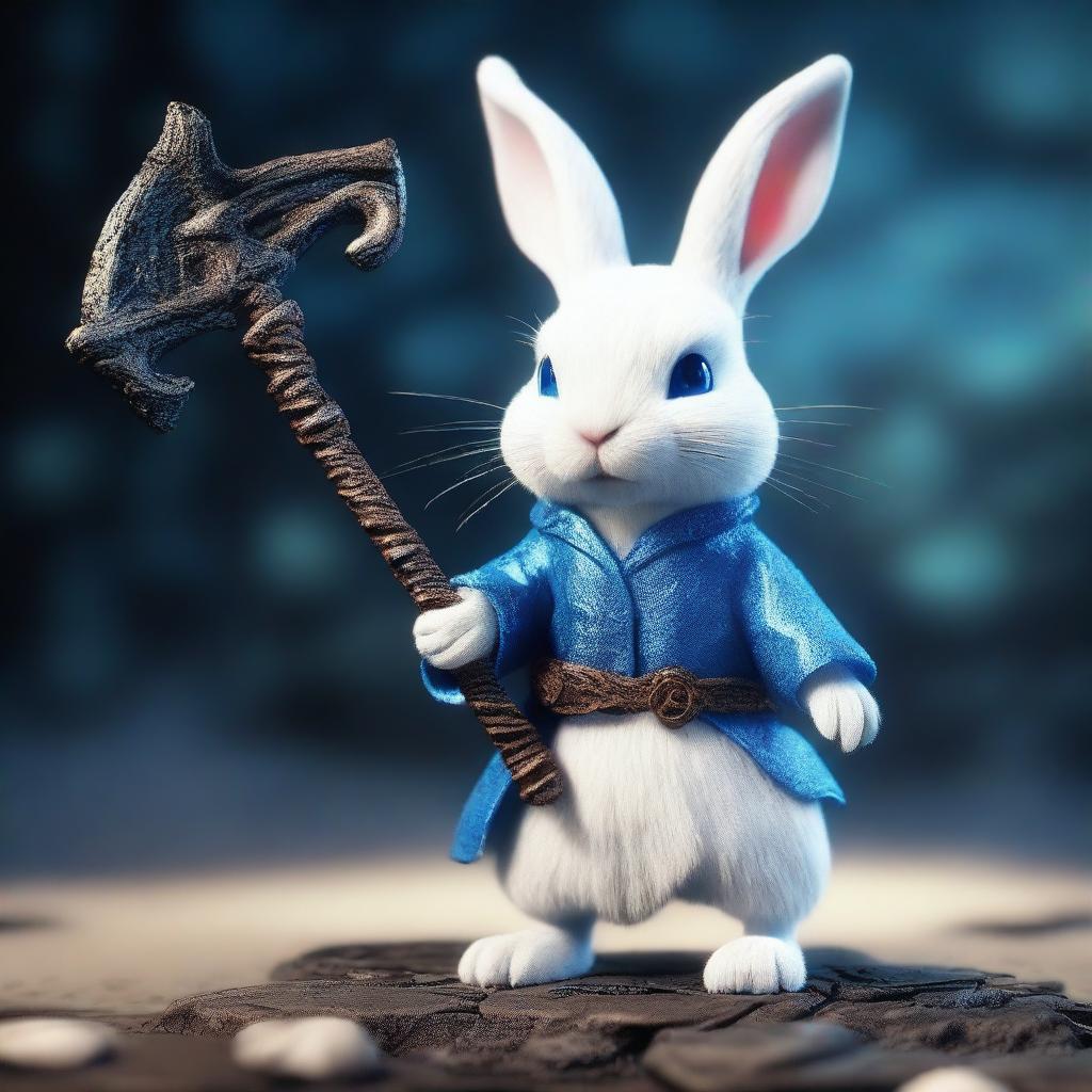 A small white rabbit with bright blue eyes, wielding the scythe of Death