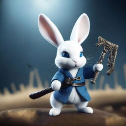 A small white rabbit with bright blue eyes, wielding the scythe of Death