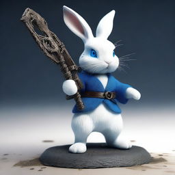 A small white rabbit with bright blue eyes, wielding the scythe of Death