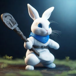 A small white rabbit with bright blue eyes, wielding the scythe of Death