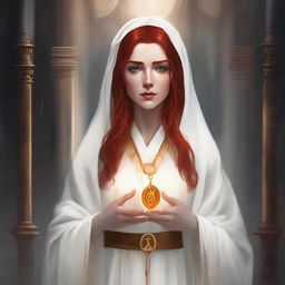 A half elf with red hair and freckles, dressed as a cleric in white and gold robes