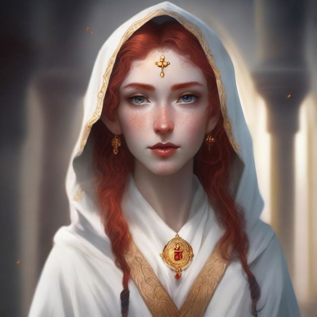 A half elf with red hair and freckles, dressed as a cleric in white and gold robes