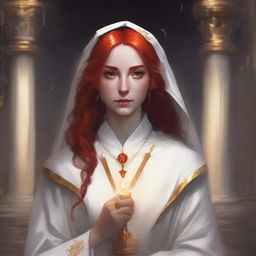 A half elf with red hair and freckles, dressed as a cleric in white and gold robes