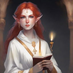 A half elf with red hair and freckles, dressed as a cleric in white and gold robes