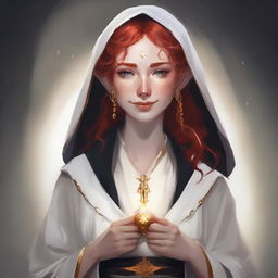 A half elf with red hair and freckles, dressed as a cleric in white and black robes with gold trim