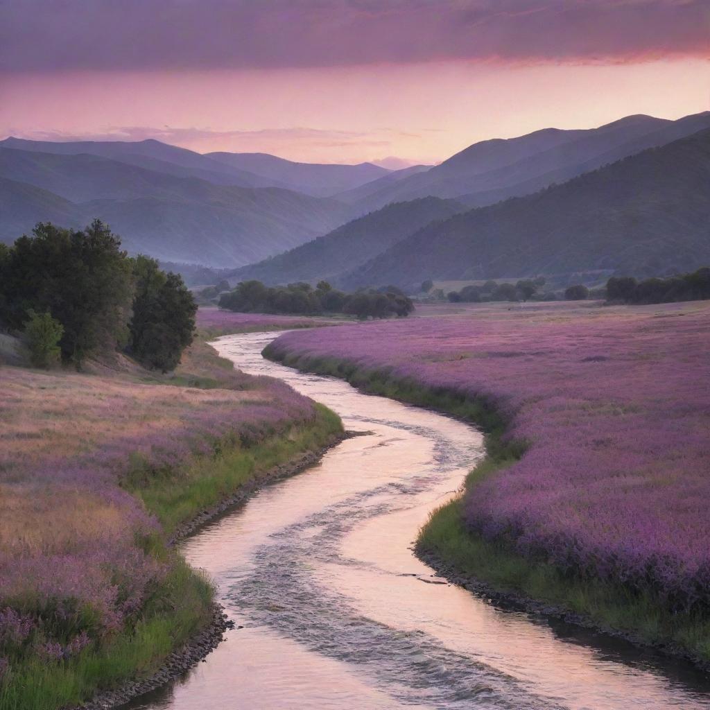 A serene landscape at dusk, a scenic river flowing gently through a valley nestled among rolling hills bathed in the orange glow of the setting sun, with a background of silhouetted mountains and a sky streaked with pink and purple clouds.