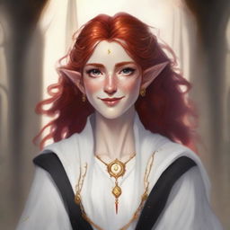 A half elf with red hair and freckles, dressed as a cleric in white and black robes with gold trim