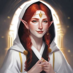 A half elf with red hair and freckles, dressed as a cleric in white and black robes with gold trim