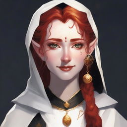 A half elf with red hair and freckles, dressed as a cleric in white and black robes with gold trim