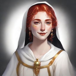 A half elf with red hair and freckles, dressed as a cleric in white and black robes with gold trim