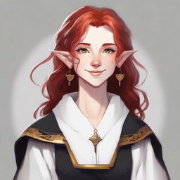 A half elf with red hair and freckles, dressed as a cleric in white and black robes with gold trim