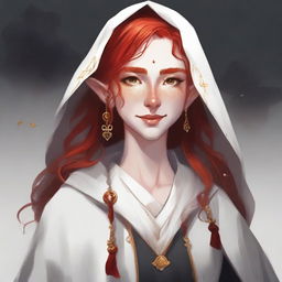 A half elf with red hair and freckles, dressed as a cleric in white and black robes with gold trim