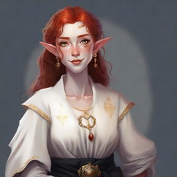 A half elf with red hair and freckles, dressed as a cleric in white and black robes with gold trim