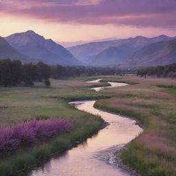 A serene landscape at dusk, a scenic river flowing gently through a valley nestled among rolling hills bathed in the orange glow of the setting sun, with a background of silhouetted mountains and a sky streaked with pink and purple clouds.