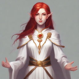 A half-elf with red hair, wearing white and gold cleric robes