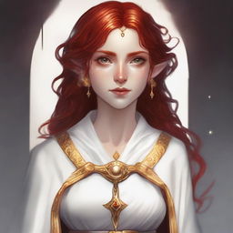 A half-elf with red hair, wearing white and gold cleric robes