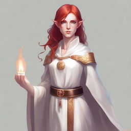 A half-elf with red hair, wearing white and gold cleric robes