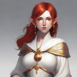 A half-elf with red hair, wearing white and gold cleric robes