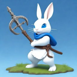 A small white rabbit with bright blue eyes, depicted as a warrior brandishing the scythe of Death