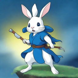 A small white rabbit with bright blue eyes, depicted as a warrior brandishing the scythe of Death