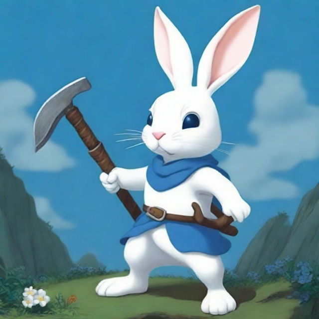 A small white rabbit with bright blue eyes, depicted as a warrior brandishing the scythe of Death