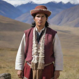 A 29-year-old indigenous Argentine from the northern region, in traditional attire, standing against the backdrop of the Andean landscape.