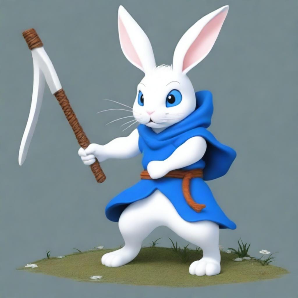 A small white rabbit with bright blue eyes, depicted as a fighter wielding the scythe of Death