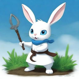 A small white rabbit with bright blue eyes, depicted as a fighter wielding the scythe of Death