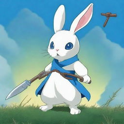 A small white rabbit with bright blue eyes, depicted as a fighter wielding the scythe of Death