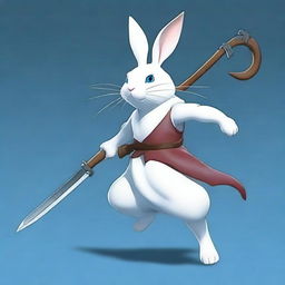 A small white rabbit with bright blue eyes, depicted as a fighter wielding the scythe of Death