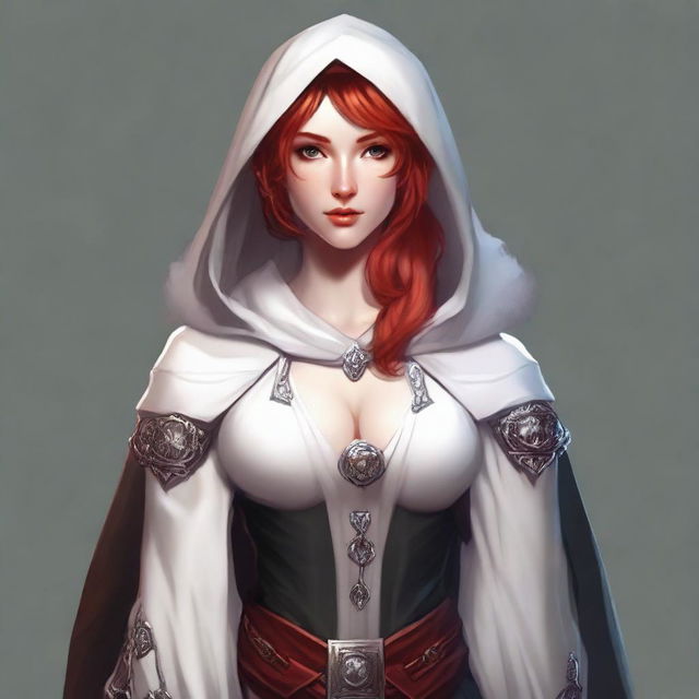 A half-elf cleric with red hair, wearing white and black robes