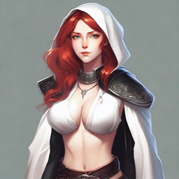 A half-elf cleric with red hair, wearing white and black robes