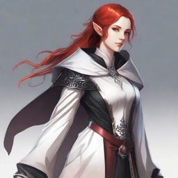 A half-elf cleric with red hair, wearing white and black robes