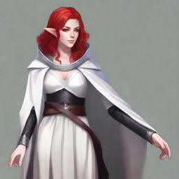 A half-elf cleric with red hair, wearing white and black robes