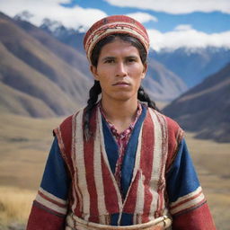 A 29-year-old indigenous Argentine from the northern region, in traditional attire, standing against the backdrop of the Andean landscape.