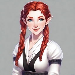 A half-elf cleric with red hair styled in a French braid, wearing white and black robes