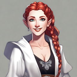 A half-elf cleric with red hair styled in a French braid, wearing white and black robes