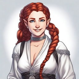 A half-elf cleric with red hair styled in a French braid, wearing white and black robes