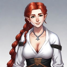 A half-elf cleric with red hair styled in a French braid, wearing white and black robes